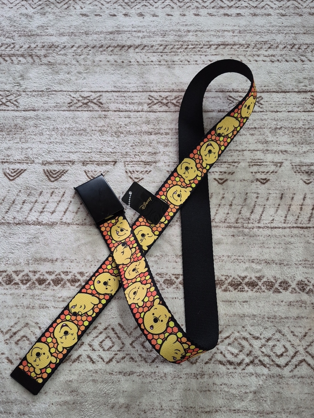 Buckle-Down Black Web Belt with Yellow Cartoon Faces and Orange Accents